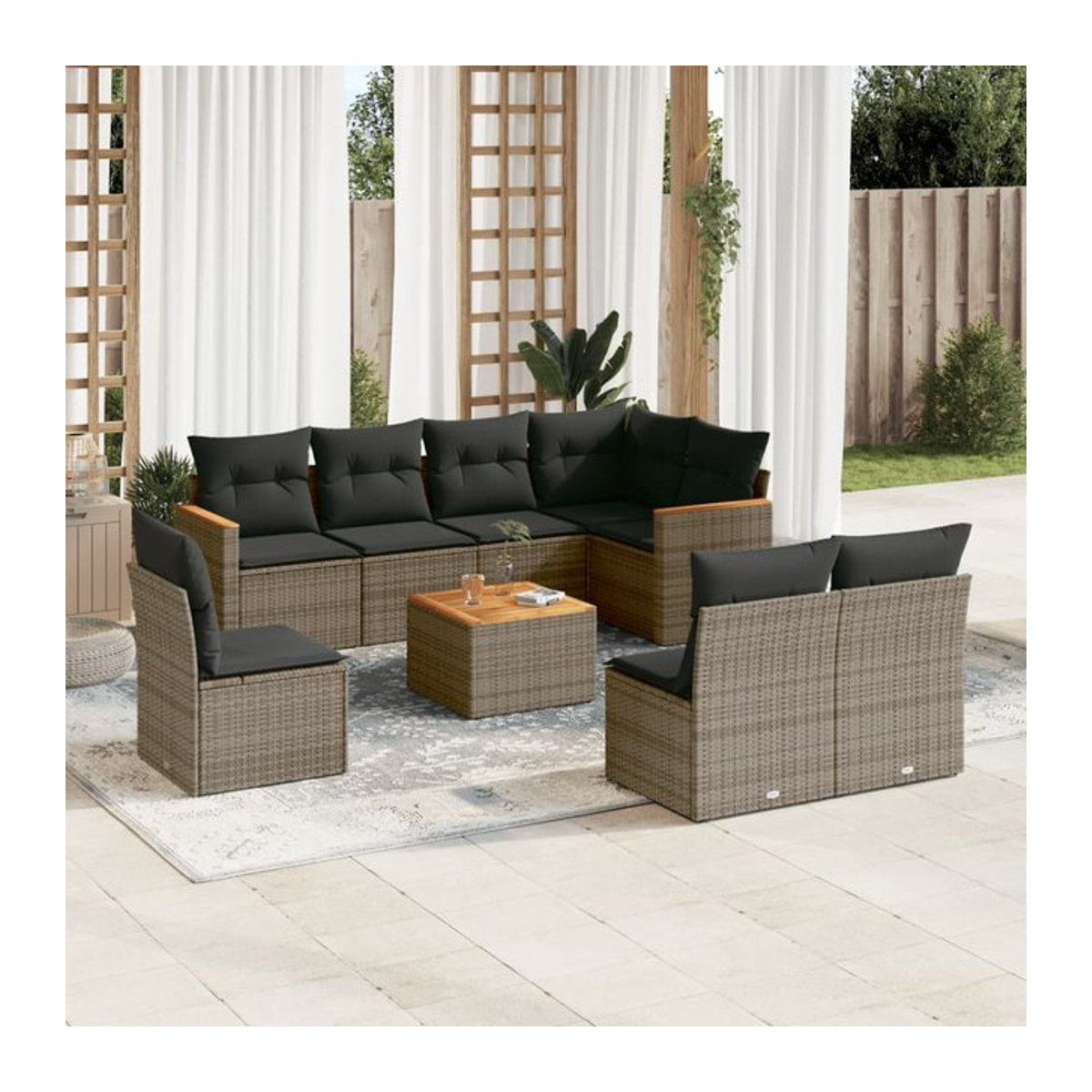 Vidaxl Gartenmöbel-Set mit Kissen aus Polyrattan, 9-teilig, Grau, Modernes Design - Bild 1