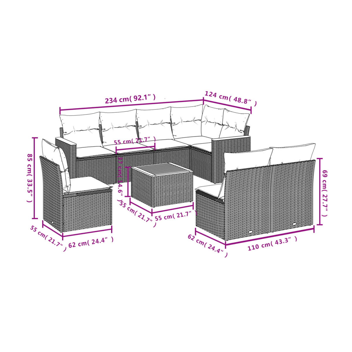 Vidaxl Gartenmöbel-Set mit Kissen aus Polyrattan, 9-teilig, Grau, Modernes Design - Bild 3