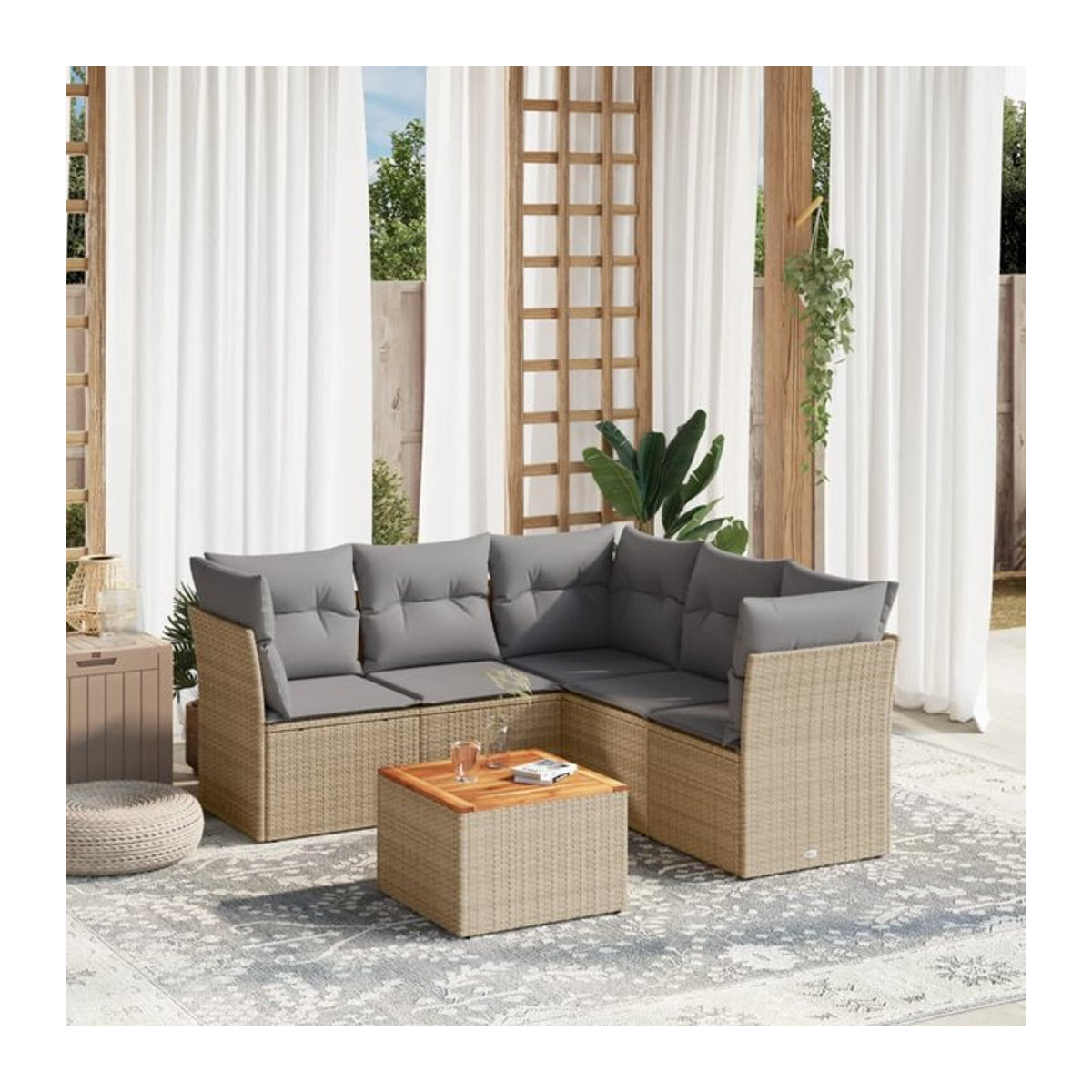 Vidaxl Gartenmöbel-Set mit Kissen aus Rattan und Holz, 6-teilig, Beige und Grau - Bild 1