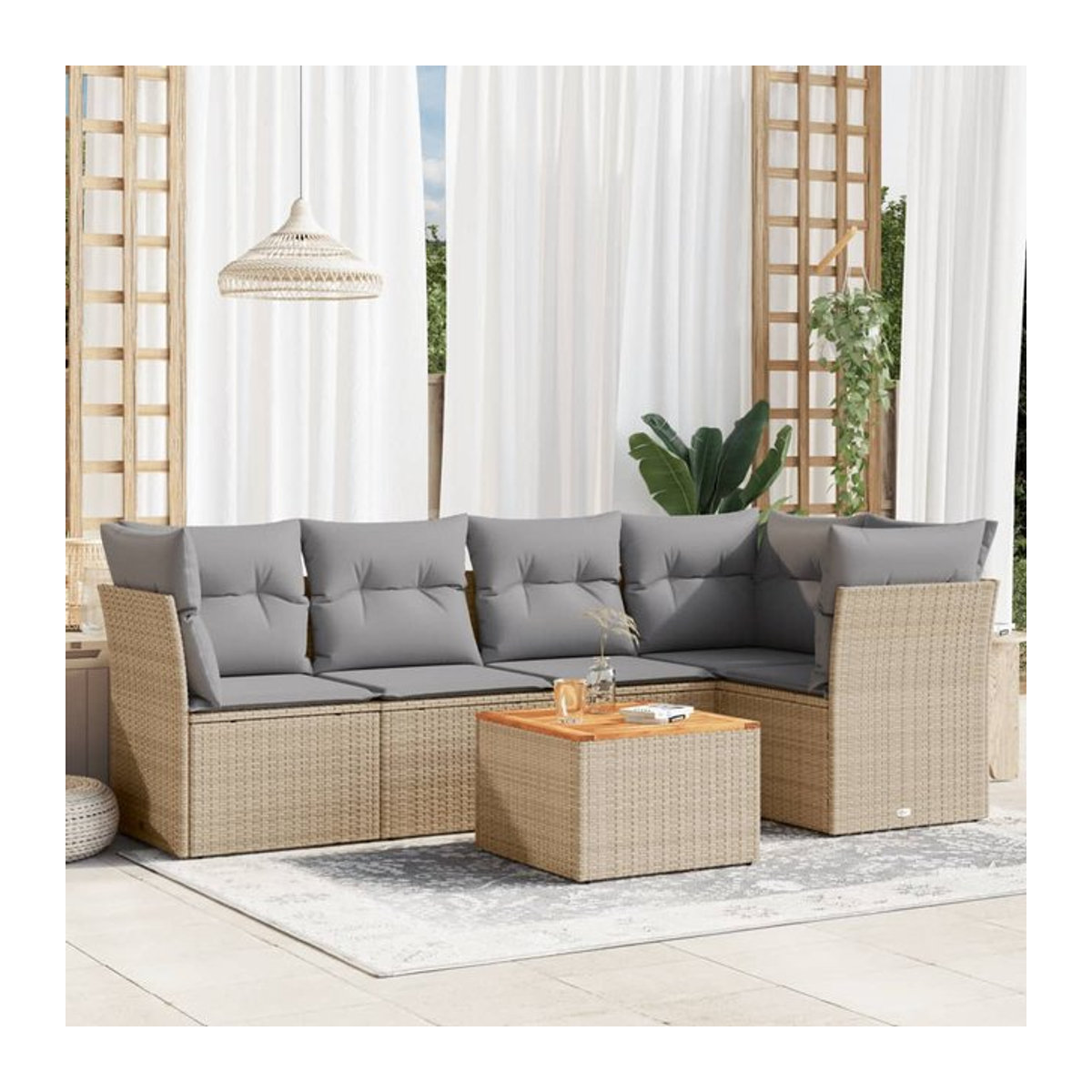 Vidaxl Gartenmöbel-Set mit Kissen aus Rattan und Holz, 6-teilig, Beige und Grau, modern - Bild 1