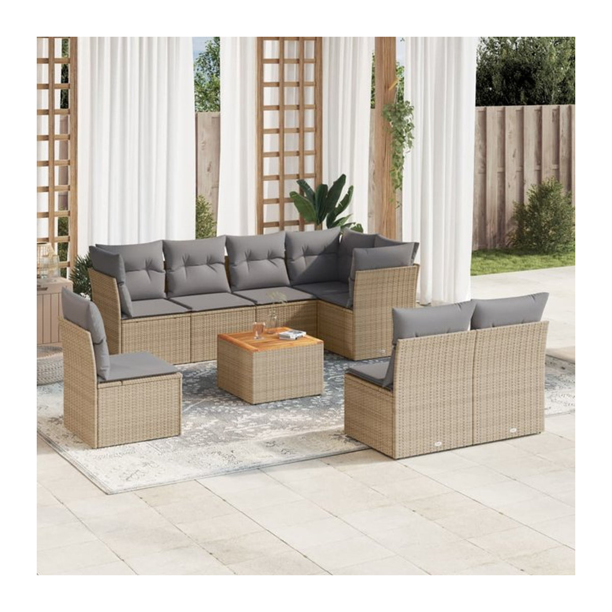 Vidaxl Gartenmöbel-Set mit Kissen aus Rattan und Holz, 9-teilig, Beige und Grau, modern - Bild 1