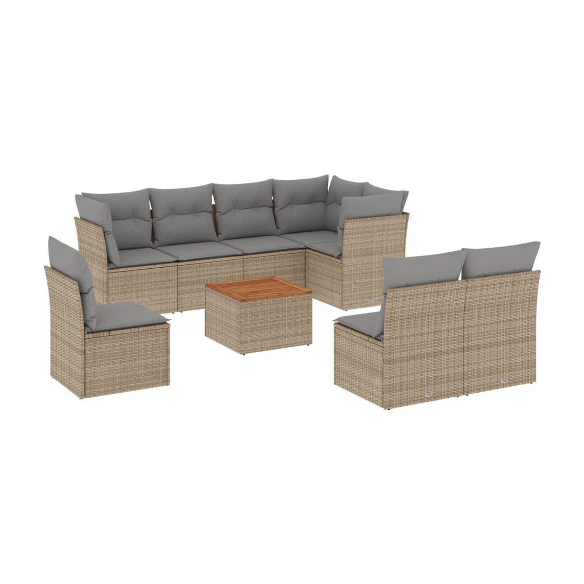 Vidaxl Gartenmöbel-Set mit Kissen aus Rattan und Holz, 9-teilig, Beige und Grau, modern - Bild 2