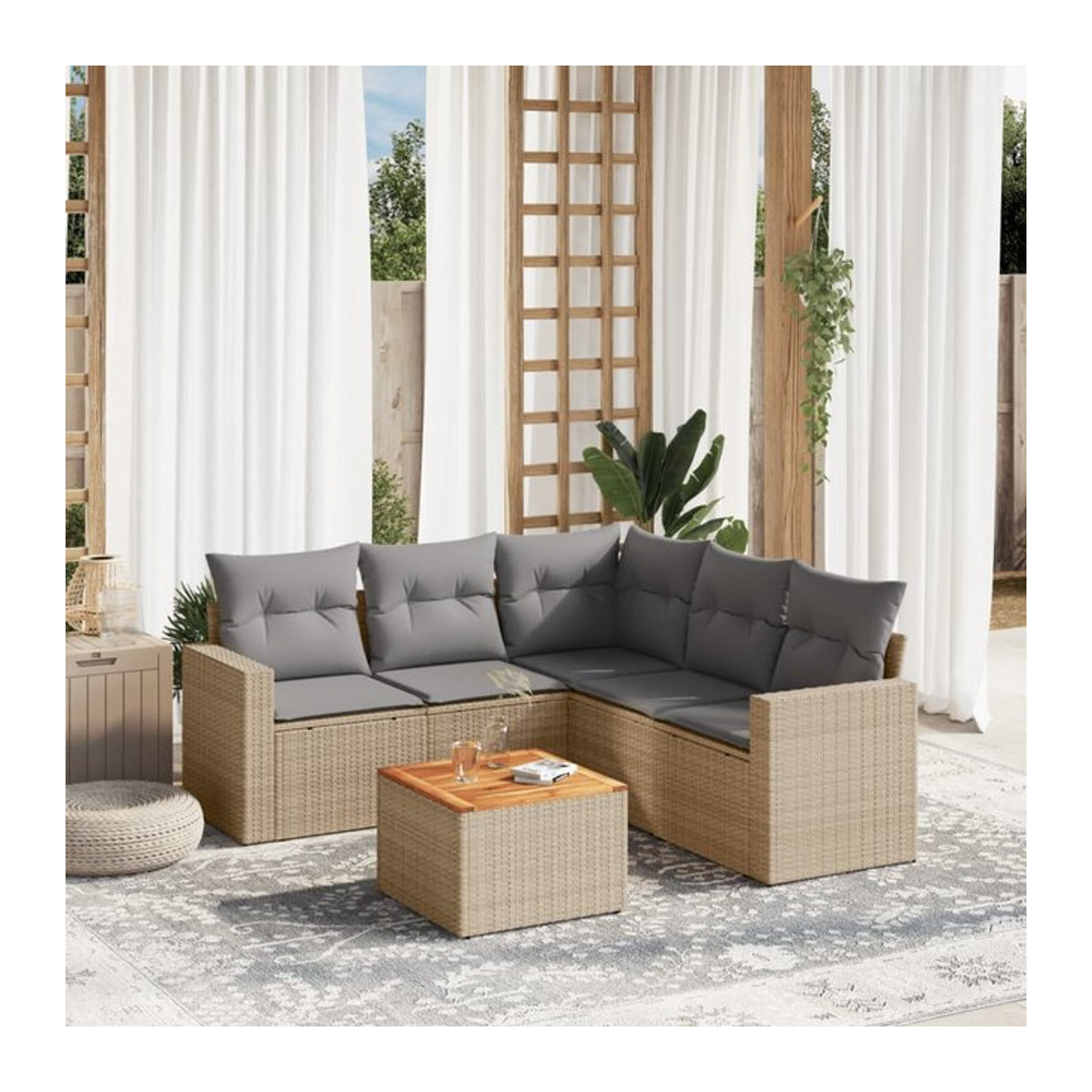 Vidaxl Gartenmöbel-Set mit Kissen aus Rattan und Holz in Beige, 6-teilig, modern - Bild 1