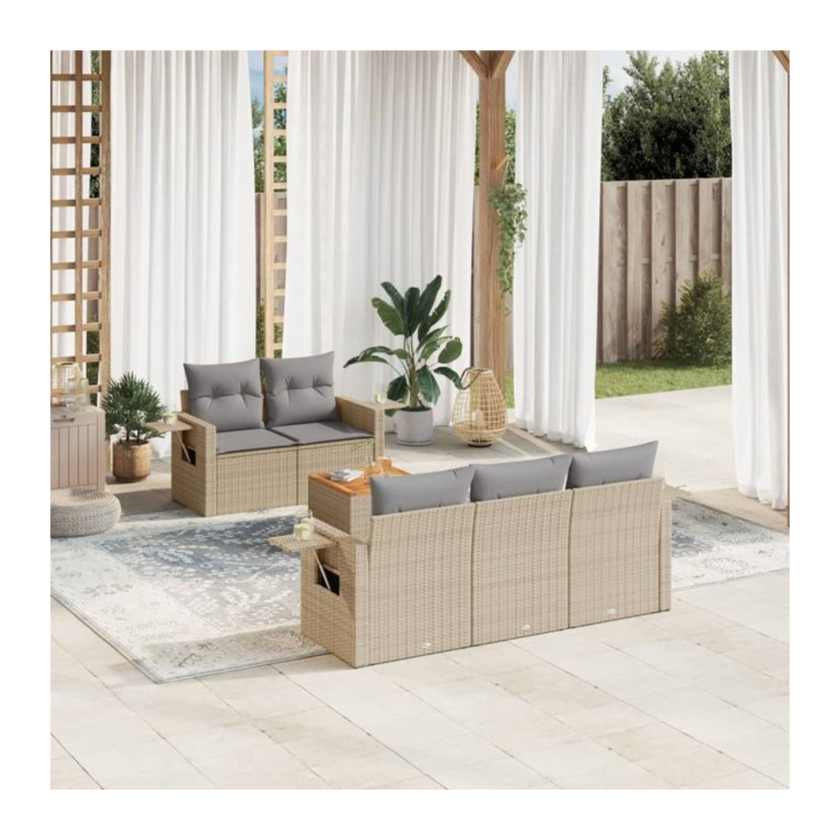 Vidaxl Gartenmöbel-Set mit Kissen aus Rattan und Holz in Beige für 6 Personen - Bild 1