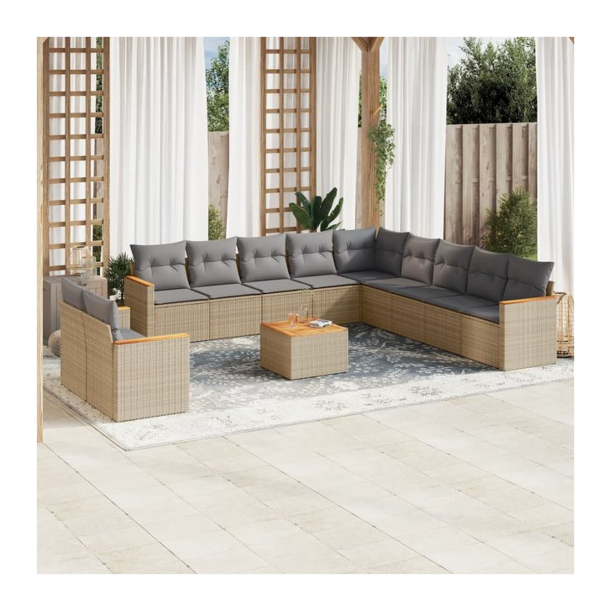 Vidaxl Gartenmöbel-Set mit Kissen aus Rattan und Holz in Beige und Grau, 12-teilig, modern - Bild 1