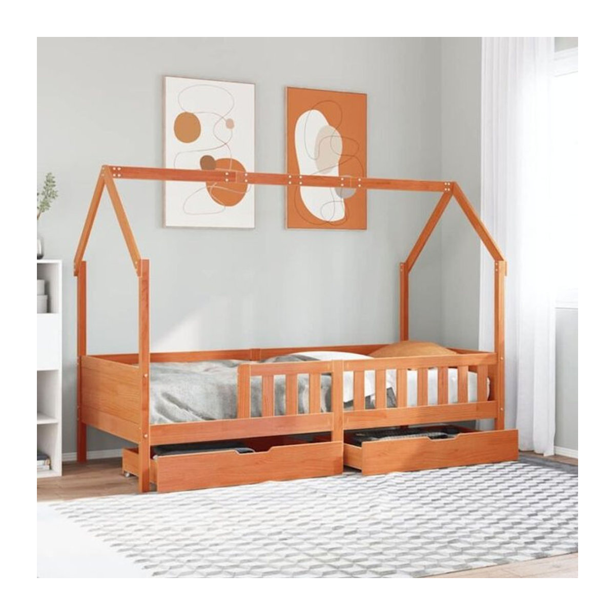 vidaxl Kinderbett aus Massivholz Kiefer mit Schubladen im Landhausstil, Farbe: Natur/Braun, B/T/H: 200 x 80 x 85,5 cm - Bild 1