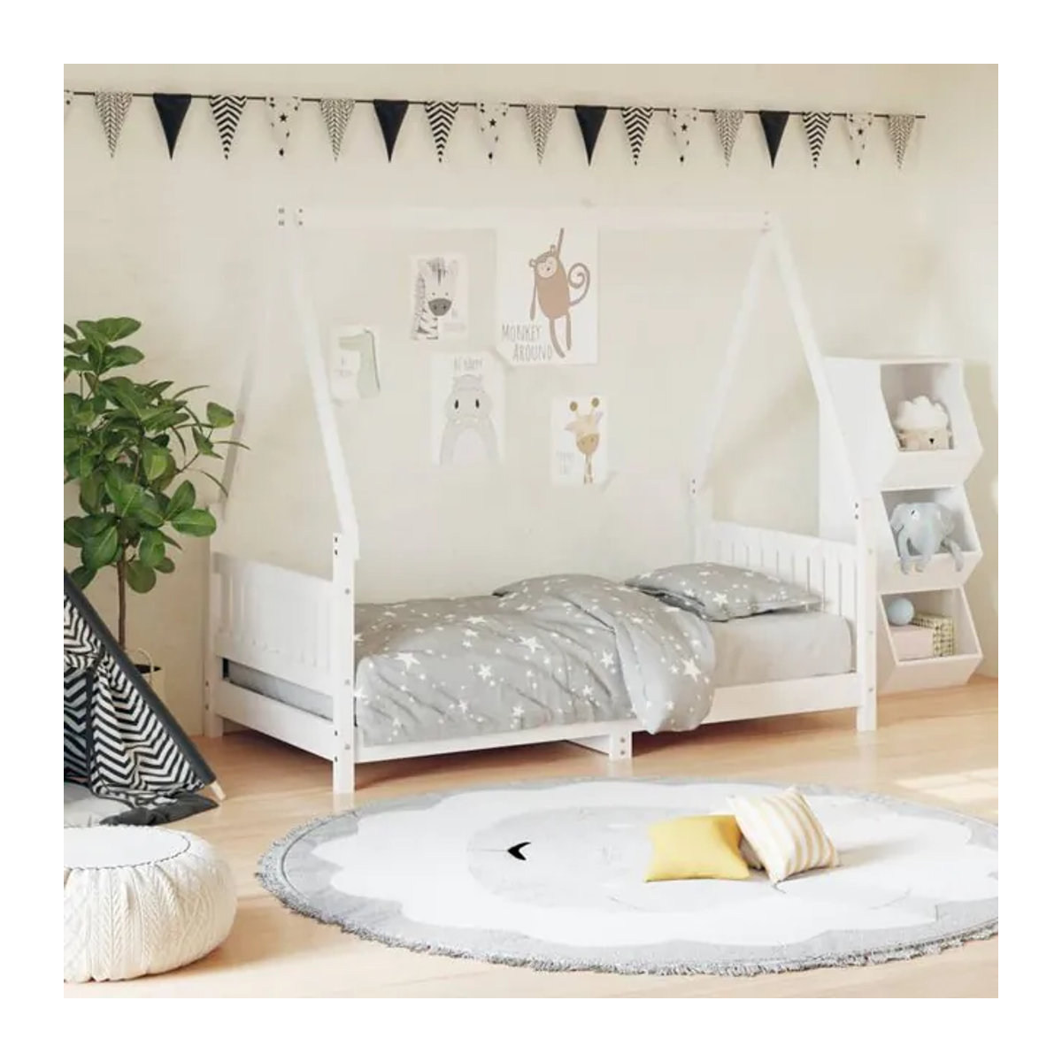 Vidaxl Kinderbettrahmen Himmelbett aus Kiefer Massivholz in Natur und Weiß, B/T/H: 160 x 80 x 80 cm - Bild 1
