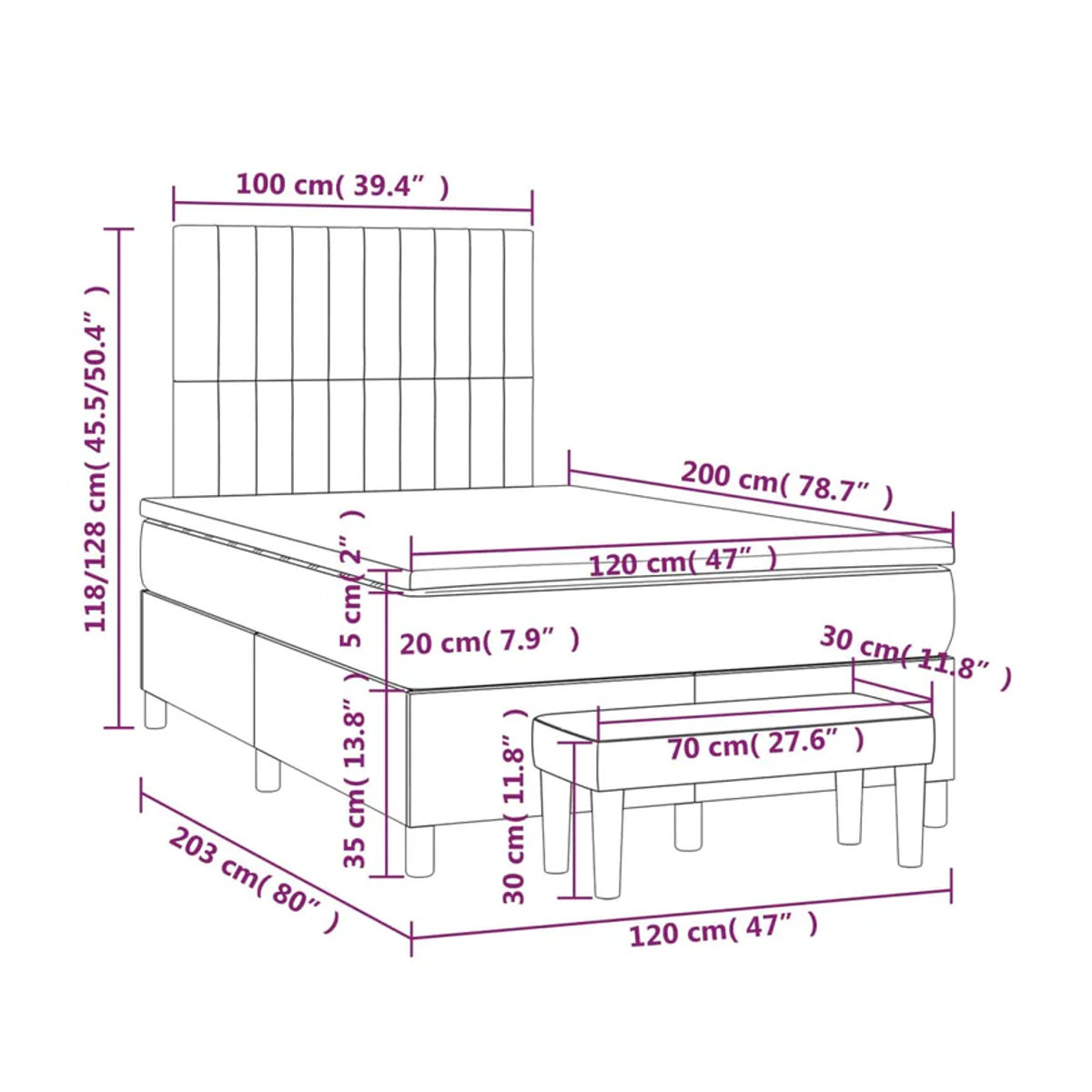 Vidaxl Kontinentalbett mit Matratze in Anthrazit und Grau aus Samt, B/T: 120 x 200 cm - Bild 3