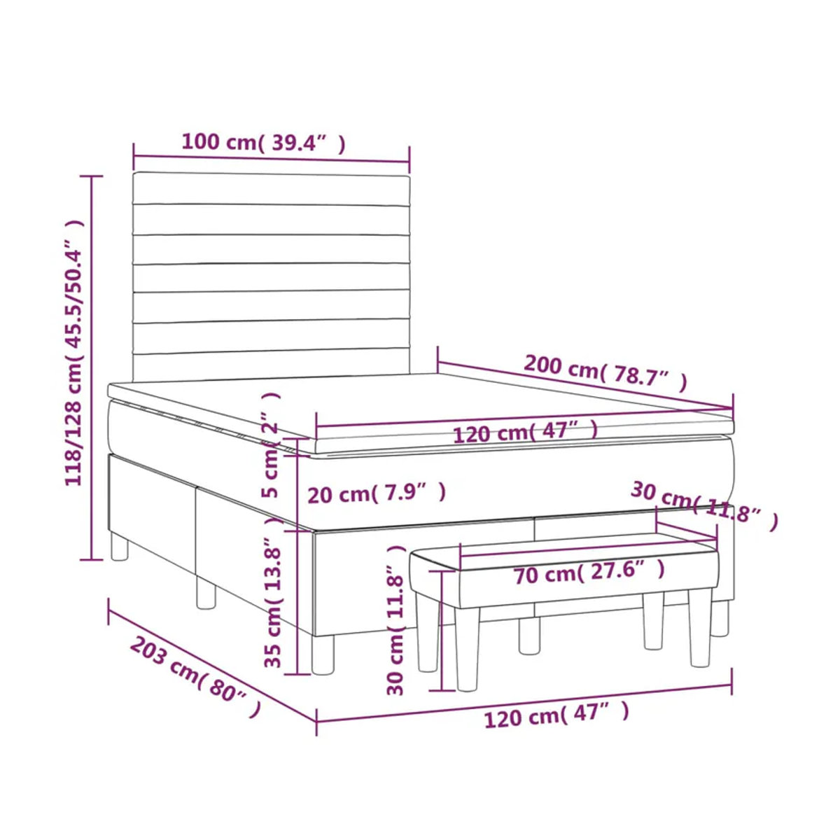Vidaxl Kontinentalbett mit Matratze in Anthrazit und Grau aus Samt, B/T/H: 120 x 200 cm - Bild 3