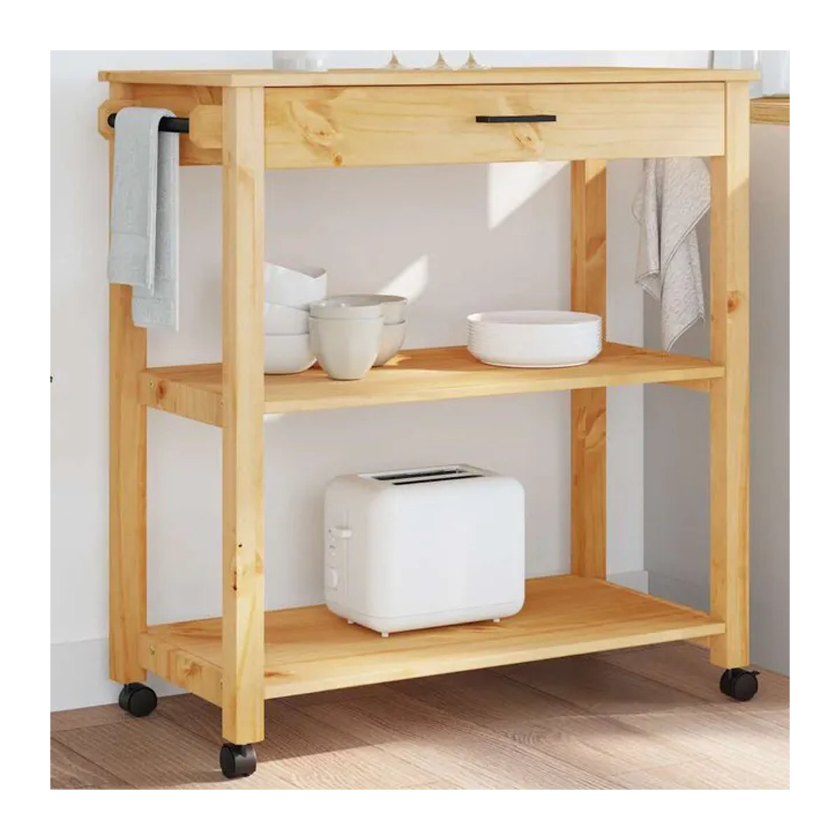 Vidaxl Küchenwagen Monza aus massivem Kiefernholz in Natur/Braun, Landhaus-Stil, B/T/H: 84 x 40 x 90 cm - Bild 1
