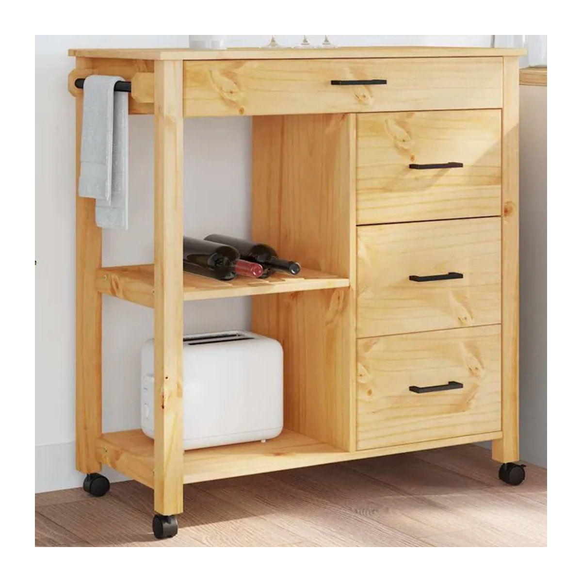 Vidaxl Küchenwagen Monza aus massivem Kiefernholz in Natur, Landhausstil und Skandinavisch, B/T/H: 84 x 40 x 90 cm - Bild 1
