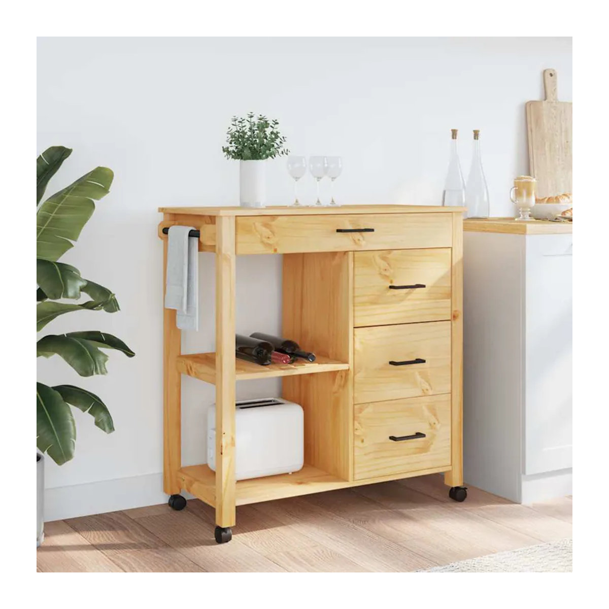 Vidaxl Küchenwagen Monza aus massivem Kiefernholz in Natur, Landhausstil und Skandinavisch, B/T/H: 84 x 40 x 90 cm - Bild 4