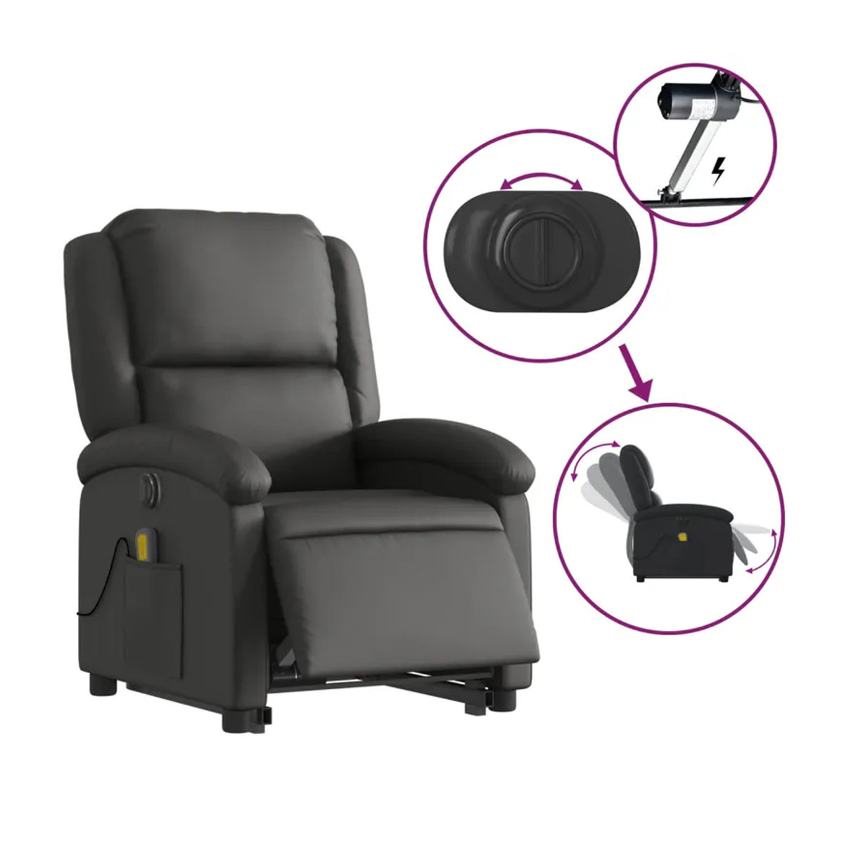 Vidaxl Massagesessel mit Aufstehhilfe aus schwarzem Echtleder als moderner Relaxsessel - Bild 4