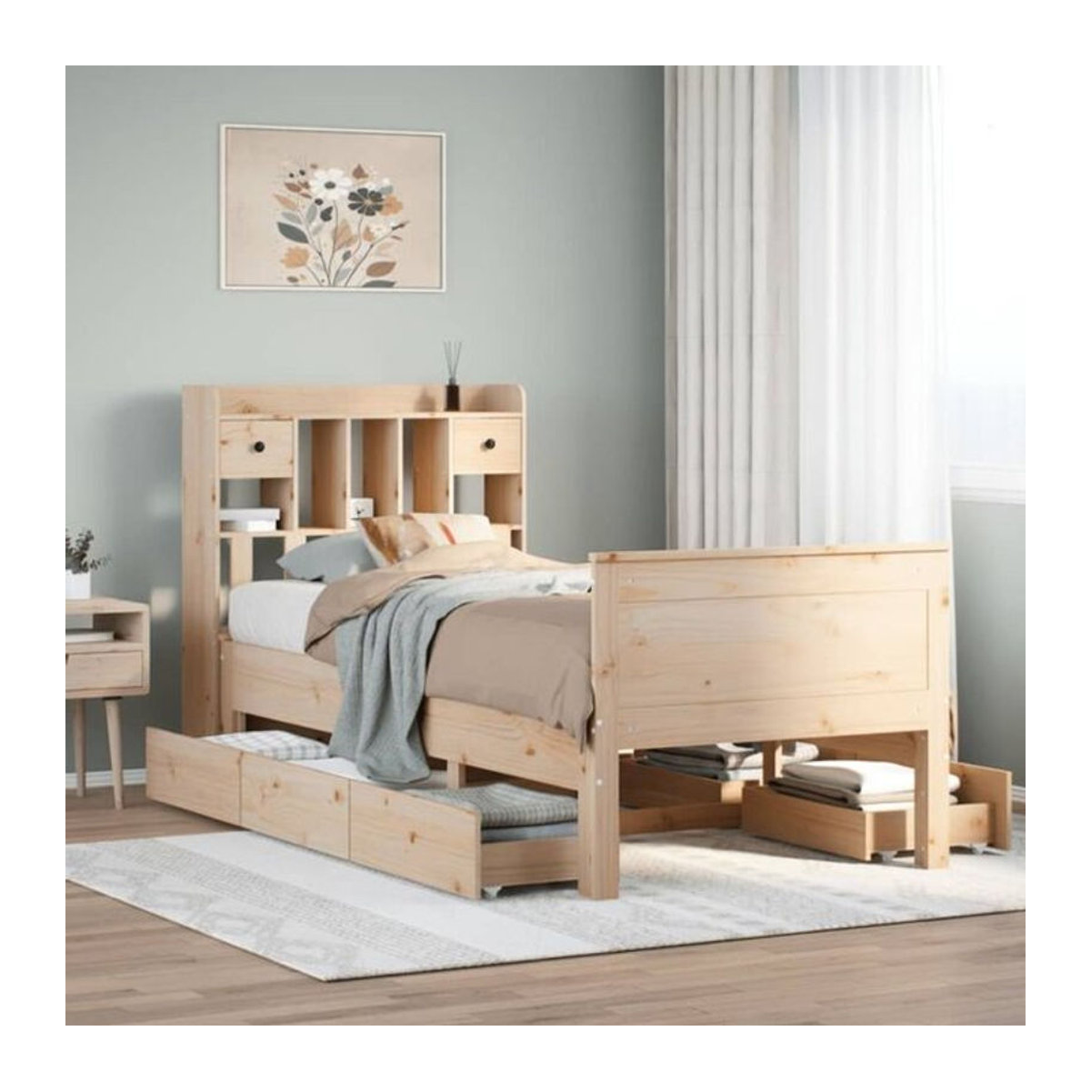 Vidaxl Massivholzbett aus Kiefer mit integriertem Bücherregal in Braun, B/T/H: 75 x 190 x 110 cm - Bild 1