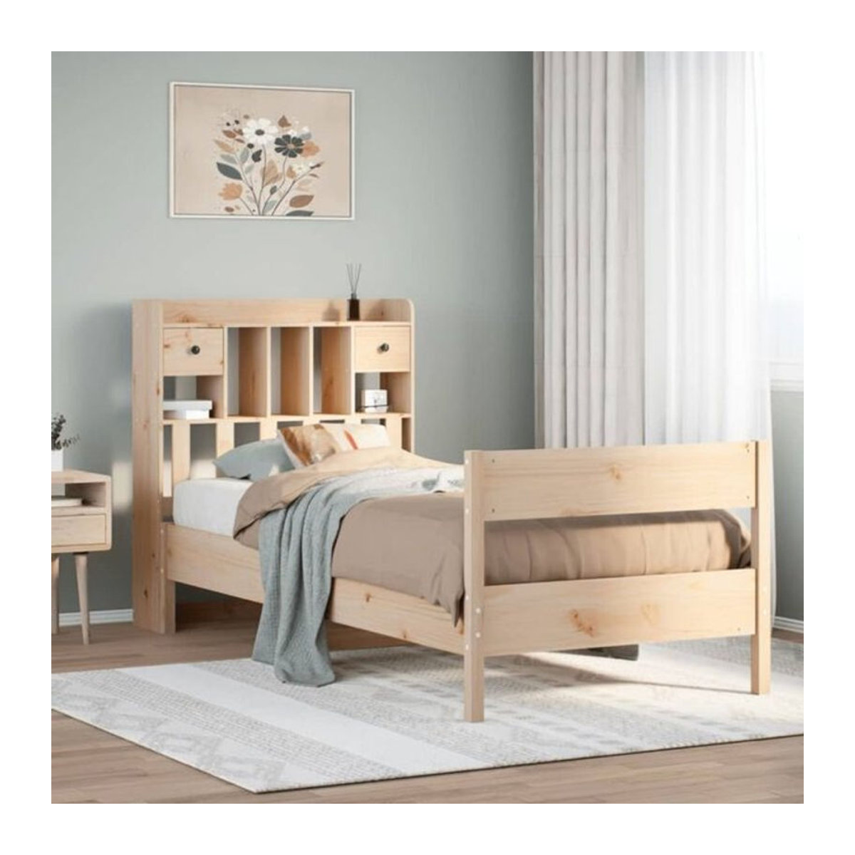 Vidaxl Massivholzbett aus Kiefer mit integriertem Bücherregal in Natur und Braun, B/T/H: 190 x 75 x 110 cm - Bild 1