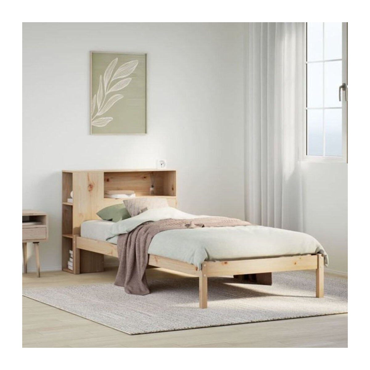 vidaxl Massivholzbett aus Kiefer mit integriertem Bücherregal in Natur und Braun, B/T/H: 190 x 75 x 81 cm (ohne Matratze) - Bild 1