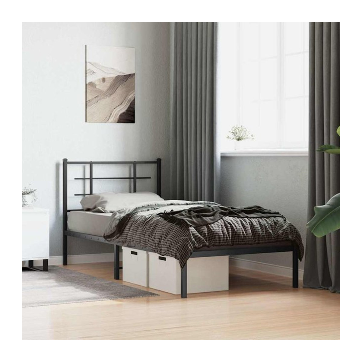 Vidaxl Metall-Bettgestell mit Kopfteil in Schwarz, Modernes Design, B/T/H: 90 x 200 cm - Bild 1