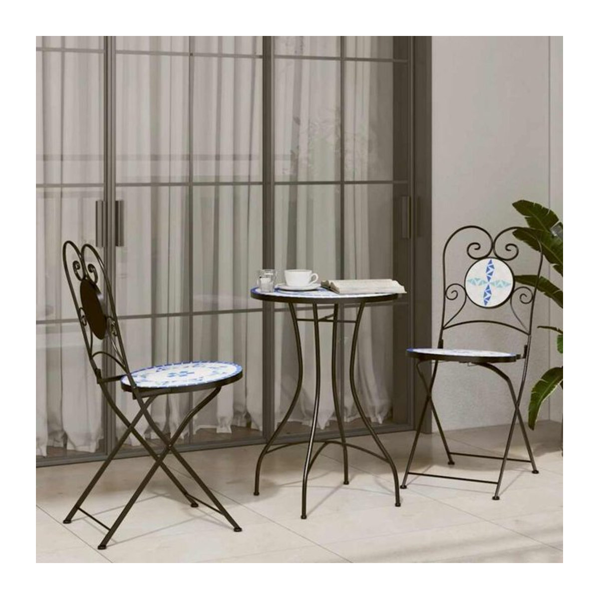 Vidaxl Mosaik Bistro Set im mediterranen Design aus Keramik und Metall in Blau und Weiß - Bild 1