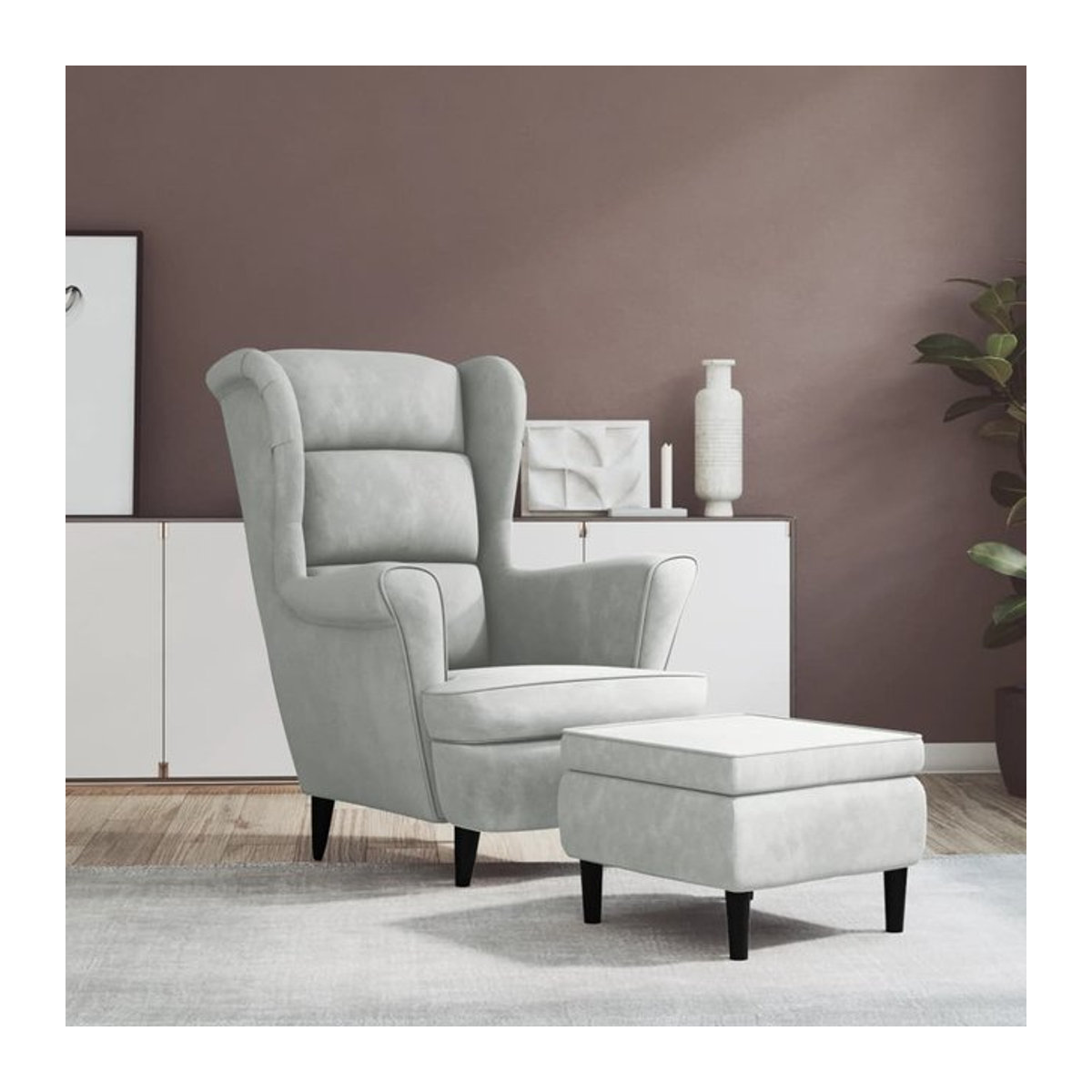 Vidaxl Ohrensessel mit Fußhocker aus Samt in Grau mit Holzgestell im klassischen Design - Bild 1