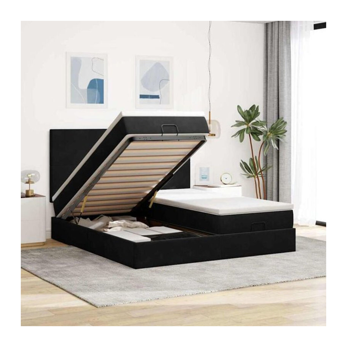 vidaxl Ottoman Polsterbett aus Samt mit LED und Matratze, Schwarz, B/T/H: 160 x 200 x 80 cm - Bild 1