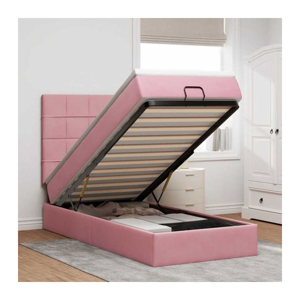 Vidaxl Ottoman Polsterbett mit Matratze aus Samt in Rosa, Modernes Bettgestell mit Metallrahmen, B/T/H: 80 x 200 x 128 cm - Bild 1