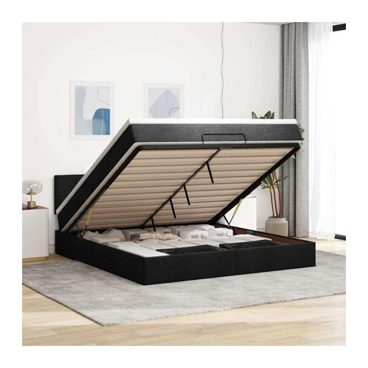 Vidaxl Ottoman Polsterbett mit Matratze in Schwarz aus Stoff und Metall, B/T: 160 x 200 cm - Bild 1