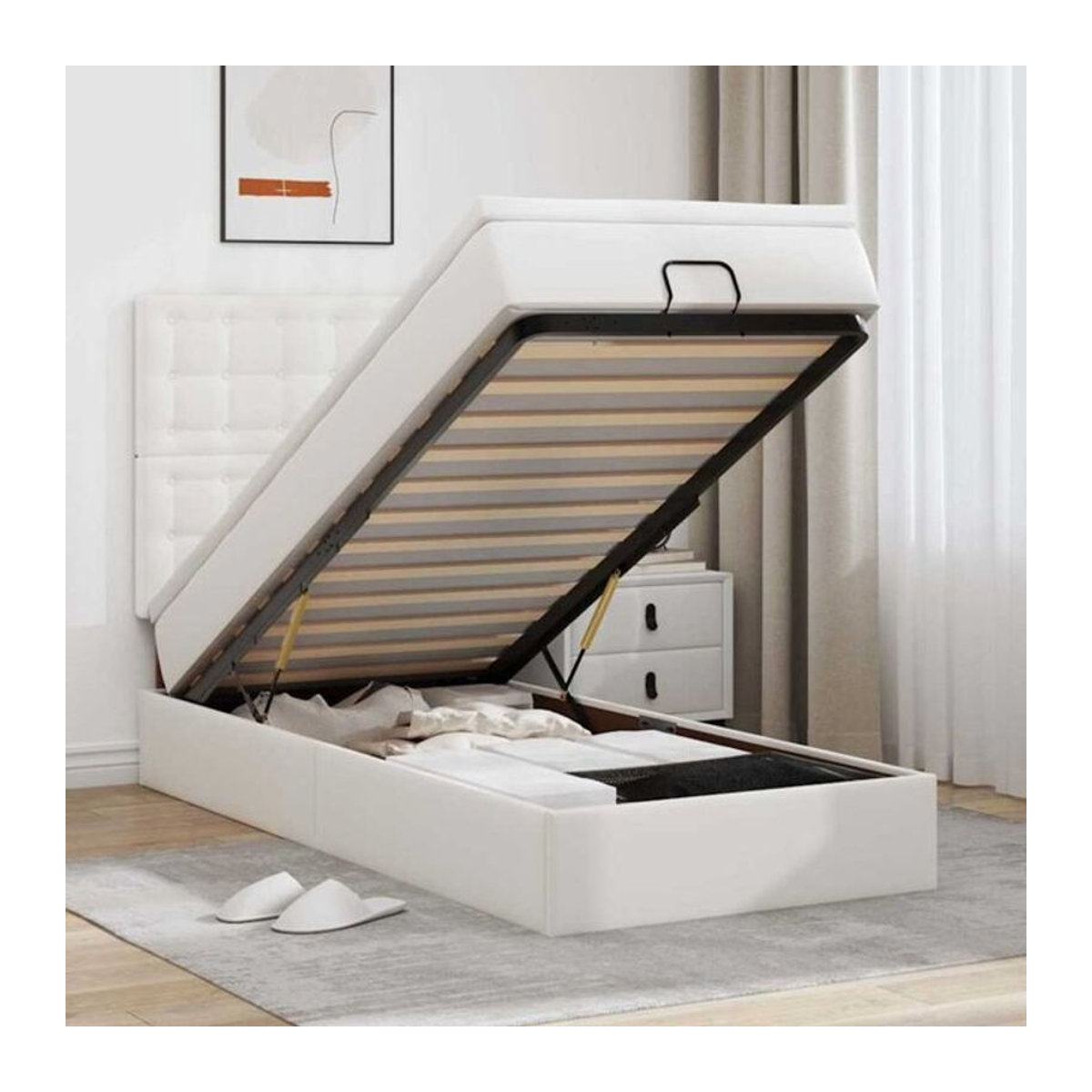 vidaxl Ottoman Polsterbett mit Matratze und LED-Beleuchtung aus Kunstleder in Weiß, B/T/H: 200 x 80 x 128 cm - Bild 1