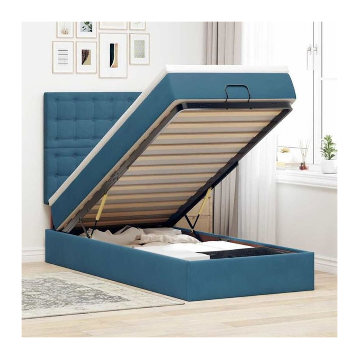 Vidaxl Ottoman Polsterbett mit Matratze und LED-Beleuchtung aus Samt in Dunkelblau, B/T/H: 100 x 200 x 128 cm - Bild 1
