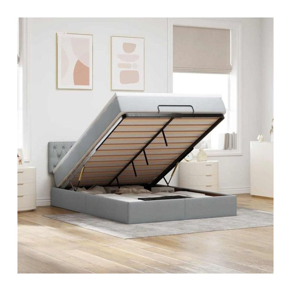 vidaxl Ottoman Polsterbett mit Matratze und LED-Beleuchtung in Hellgrau, B/T: 140 x 200 cm - Bild 1