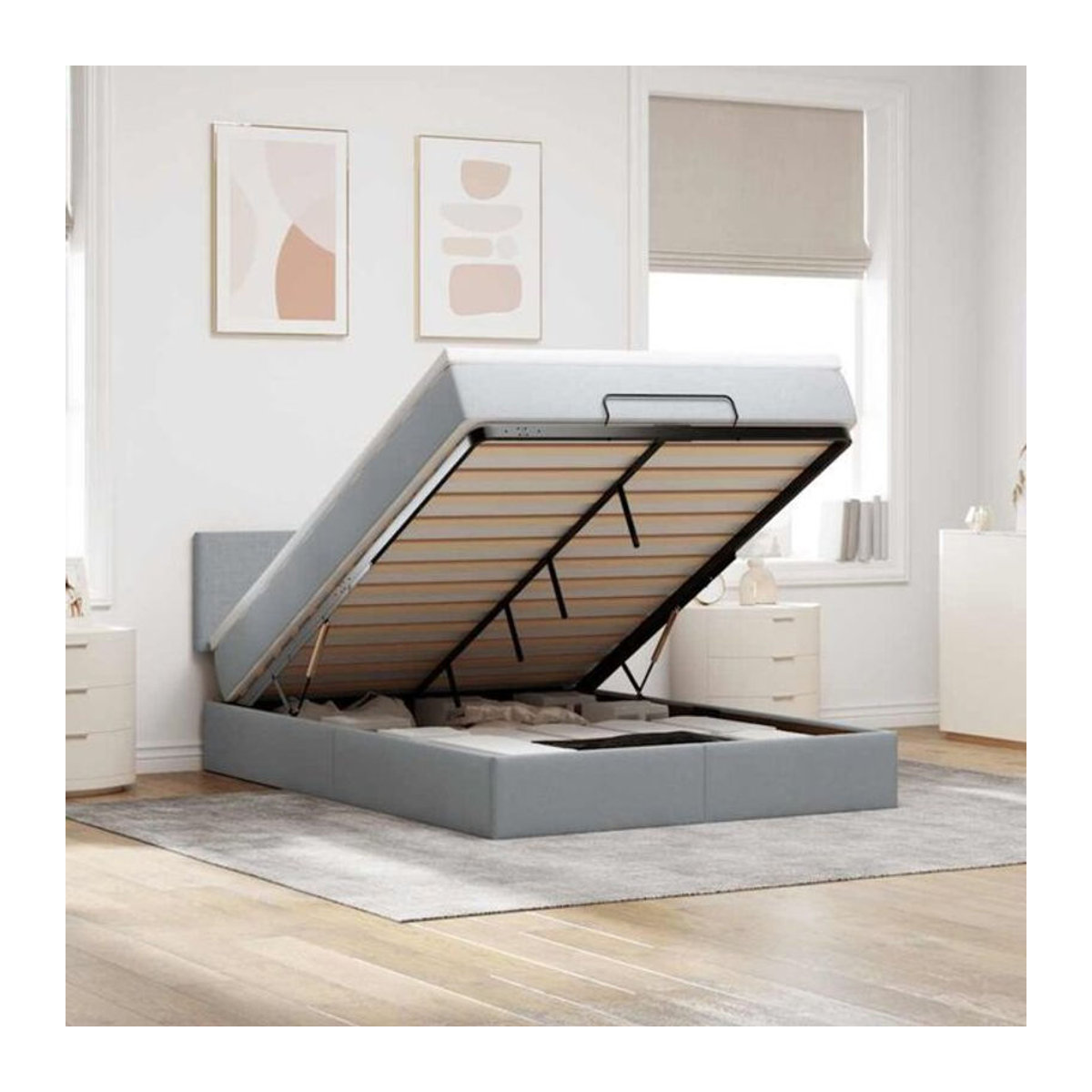 vidaxl Ottoman Polsterbett mit Matratze und LED-Beleuchtung in Hellgrau, B/T/H: 140 x 200 x 78 cm - Bild 1