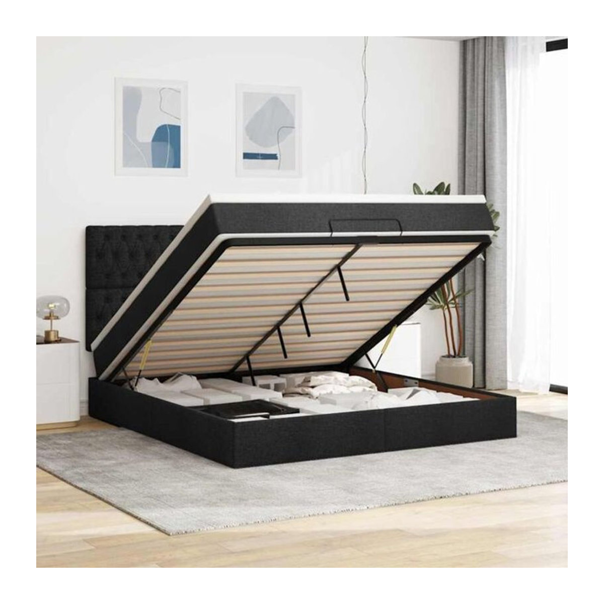 vidaxl Ottoman Polsterbett mit Matratze und LED-Beleuchtung in Schwarz aus Stoff, B/T/H: 180 x 200 x 118 cm - Bild 1