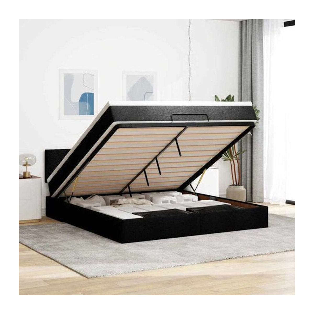 vidaxl Ottoman Polsterbett mit Matratze und LED-Beleuchtung in Schwarz, B/T/H: 160 x 200 x 203 cm - Bild 1