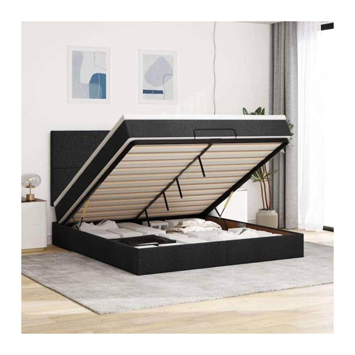 vidaxl Ottoman Polsterbett mit Matratze und LED-Beleuchtung in Schwarz, B/T/H: 160 x 200 x 203 cm - Bild 1