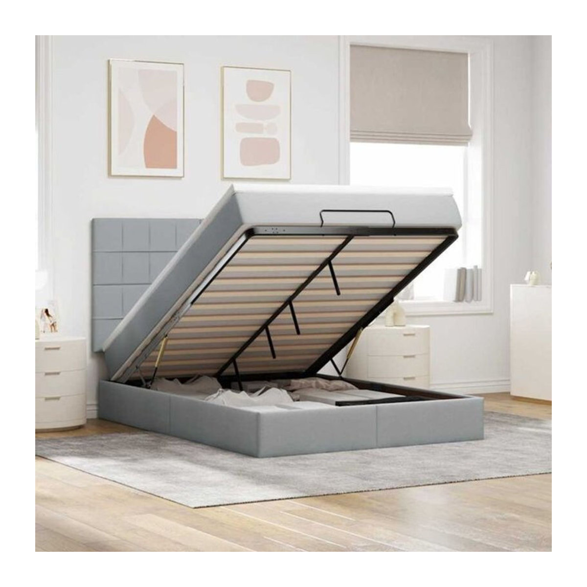 vidaxl Ottoman Polsterbett mit Matratze und LED in Hellgrau, B/T: 140 x 200 cm - Bild 1