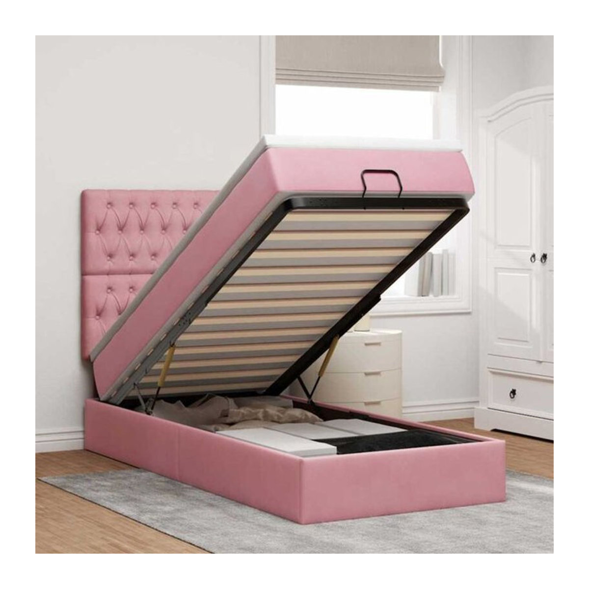 Vidaxl Ottoman Polsterbett mit Matratze und LED in Rosa und Weiß aus Samt, B/T/H: 80 x 200 x 128 cm - Bild 1