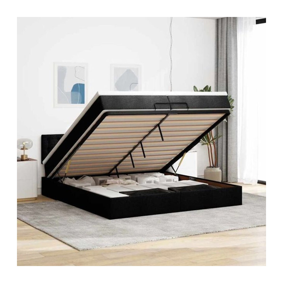 vidaxl Ottoman Polsterbett mit Matratzen und LED-Beleuchtung in Schwarz aus Stoff, B/T: 200 x 200 cm - Bild 1