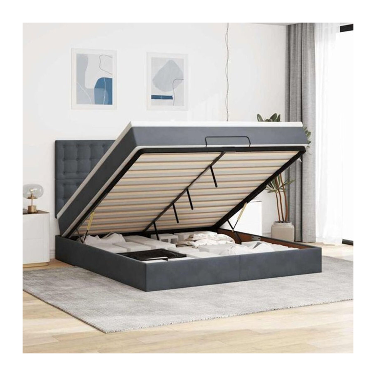 Vidaxl Ottoman Polsterbett mit Matratzen und LED in Anthrazit Grau aus Samt, B/T/H: 180 x 200 x 128 cm - Bild 1