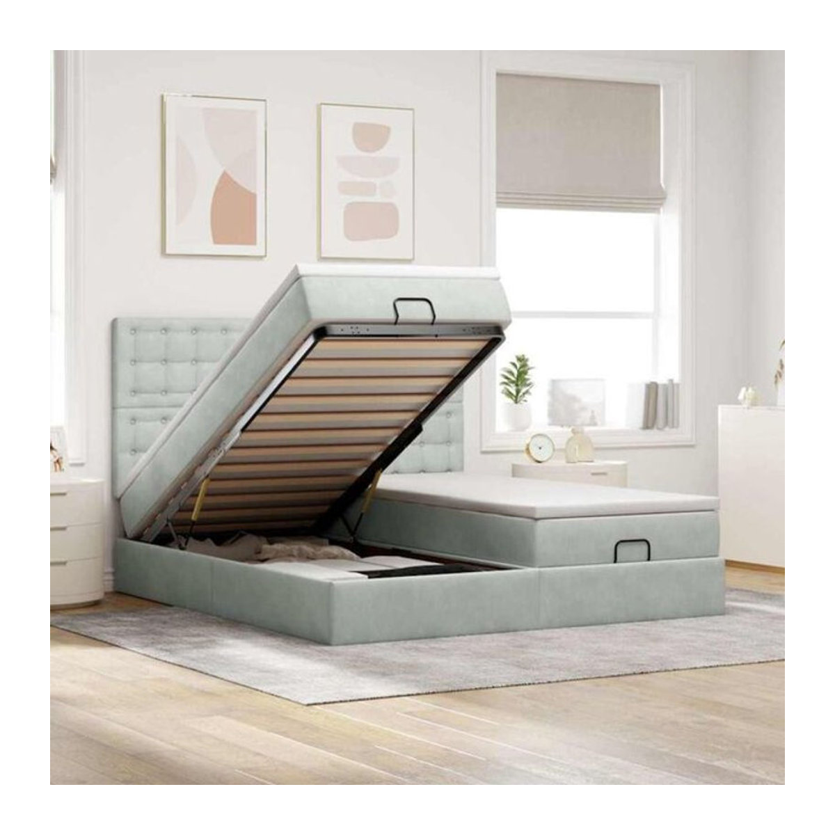 Vidaxl Ottoman Polsterbett mit Matratzen und LED in Hellgrau aus Samt, B/T: 180 x 200 cm - Bild 1