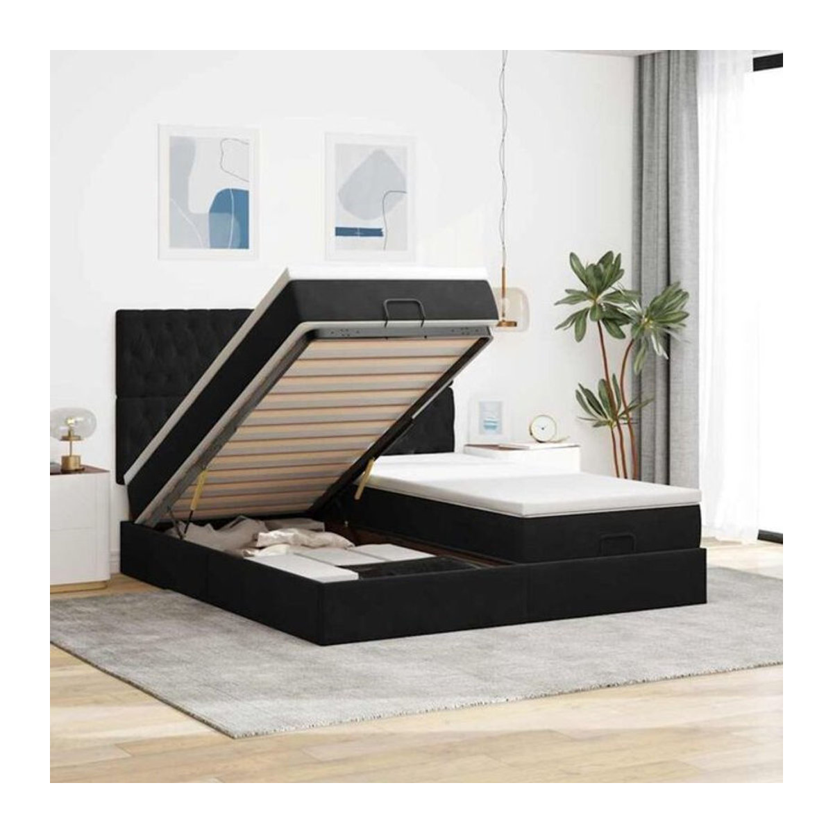 vidaxl Ottoman Polsterbett mit Matratzen und LED in Schwarz aus Samt, B/T: 160 x 200 cm - Bild 1
