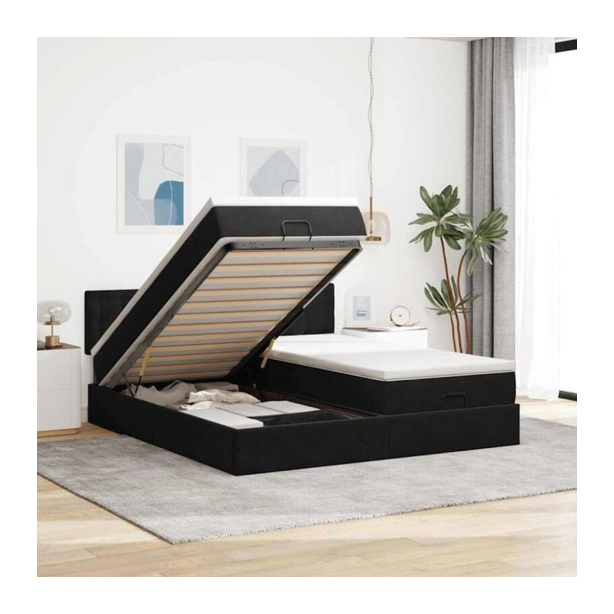 Vidaxl Ottoman Polsterbett mit Matratzen und LED in Schwarz aus Samt, B/T/H: 160 x 200 x 78 cm - Bild 1