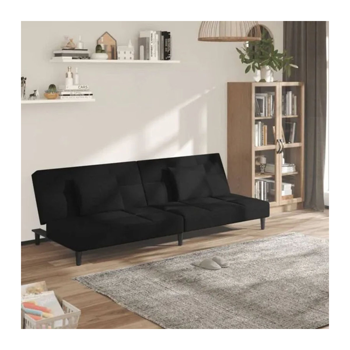 vidaxl Schlafsofa 2-Sitzer aus Samt in Schwarz mit 2 Kissen, Modernes Design, B: 200 cm, H: 84,5 cm, T: 69 cm - Bild 1