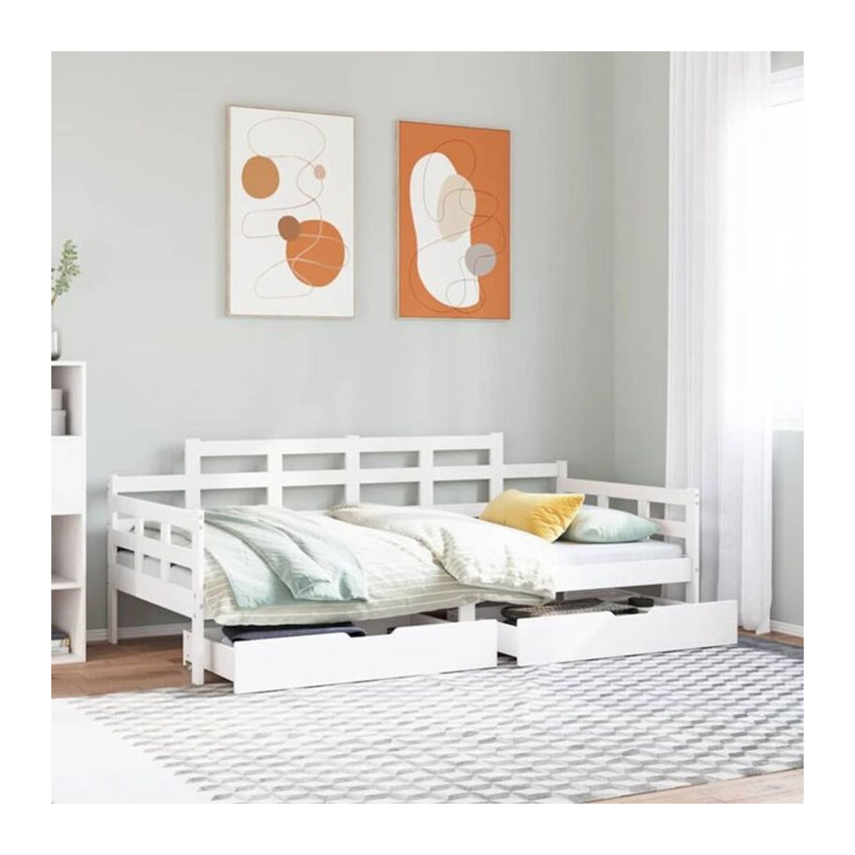 Vidaxl Tagesbett aus Kiefer Massivholz mit Schubladen in Weiß, Landhausstil und minimalistisches Design, B/T/H: 90 x 200 cm - Bild 1
