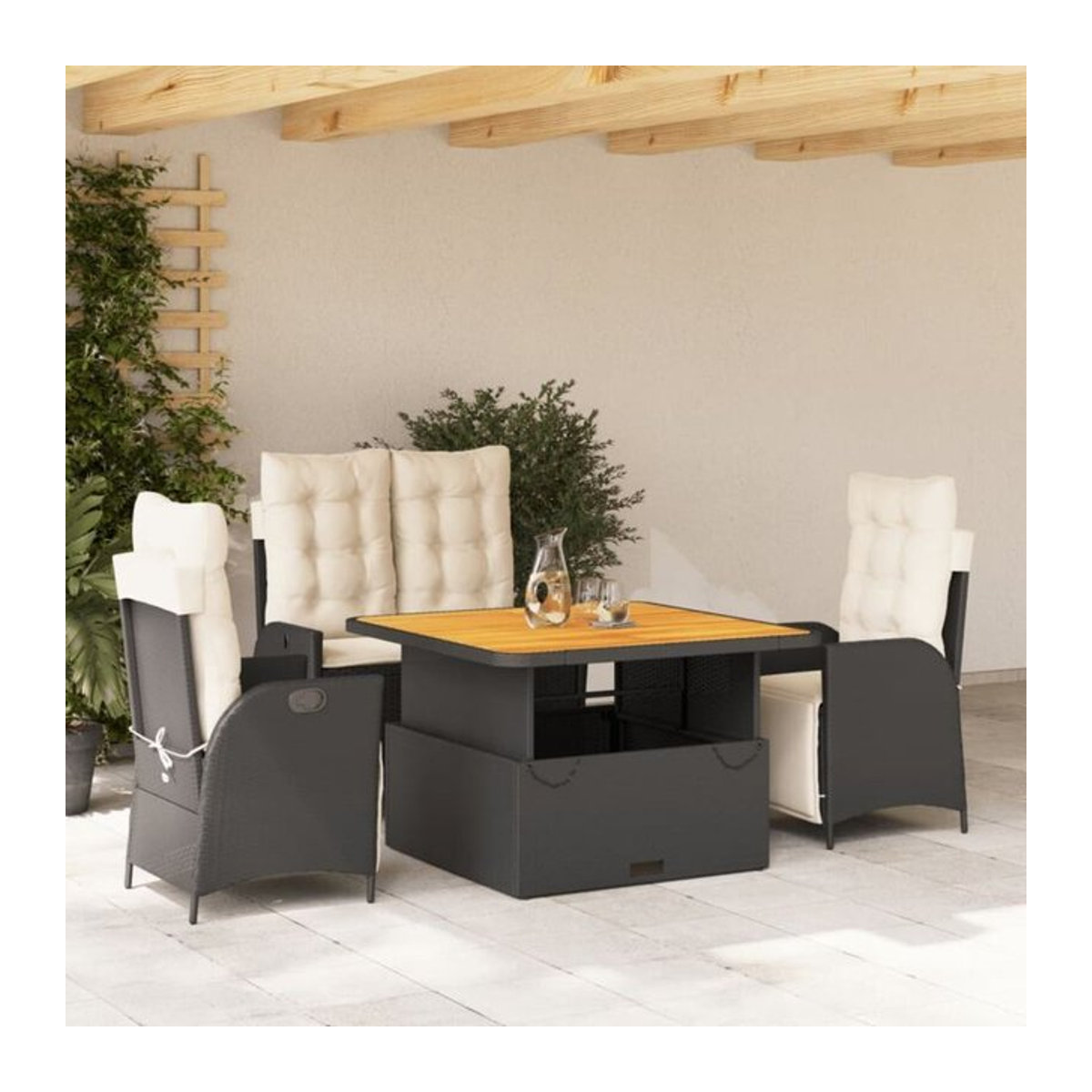 Vidaxl Torana 4-teilige Garten-Essgruppe aus Poly-Rattan mit Kissen in Schwarz und Creme - Bild 1