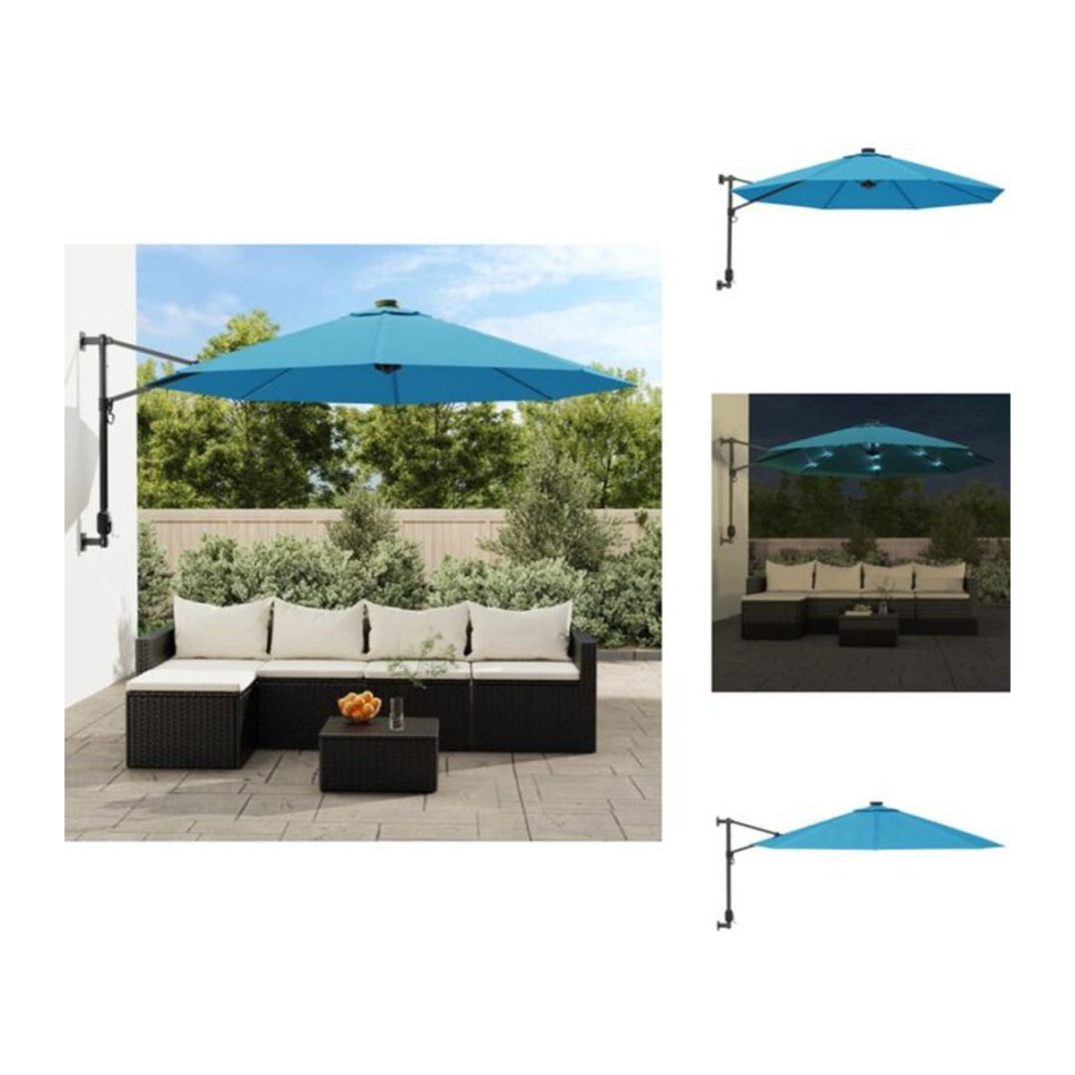 vidaxl Wand-Sonnenschirm mit LEDs in Meerblau mit 290 cm Durchmesser aus Aluminium und Polyester - Bild 1