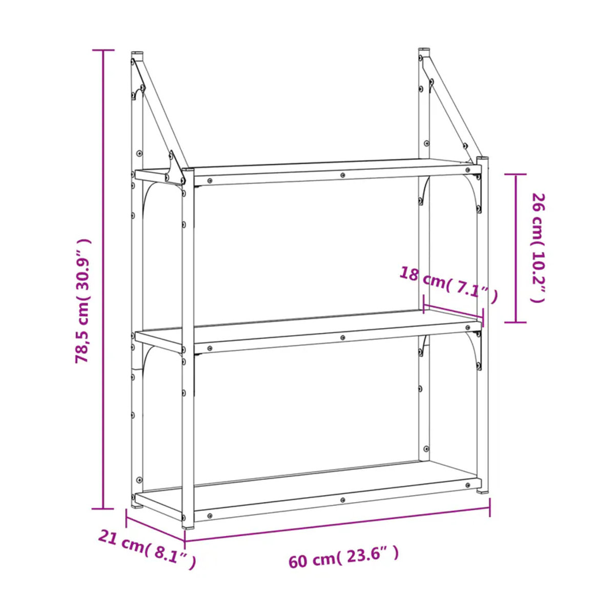 Vidaxl Wandregal mit 3 Regalböden in Grau, B: 60 cm, T: 21 cm, H: 78,5 cm - Bild 3