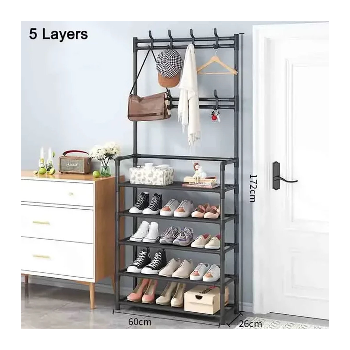VIE LENTE Schuhregal und Garderobe aus Metall in Schwarz mit Kleiderbügel und Trockenfunktion für Flur und Wohnheim - Bild 1
