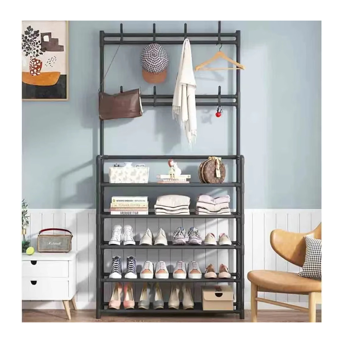 VIE LENTE Schuhregal und Garderobe aus Metall in Schwarz mit Kleiderbügel und Trockenfunktion für Flur und Wohnheim - Bild 2