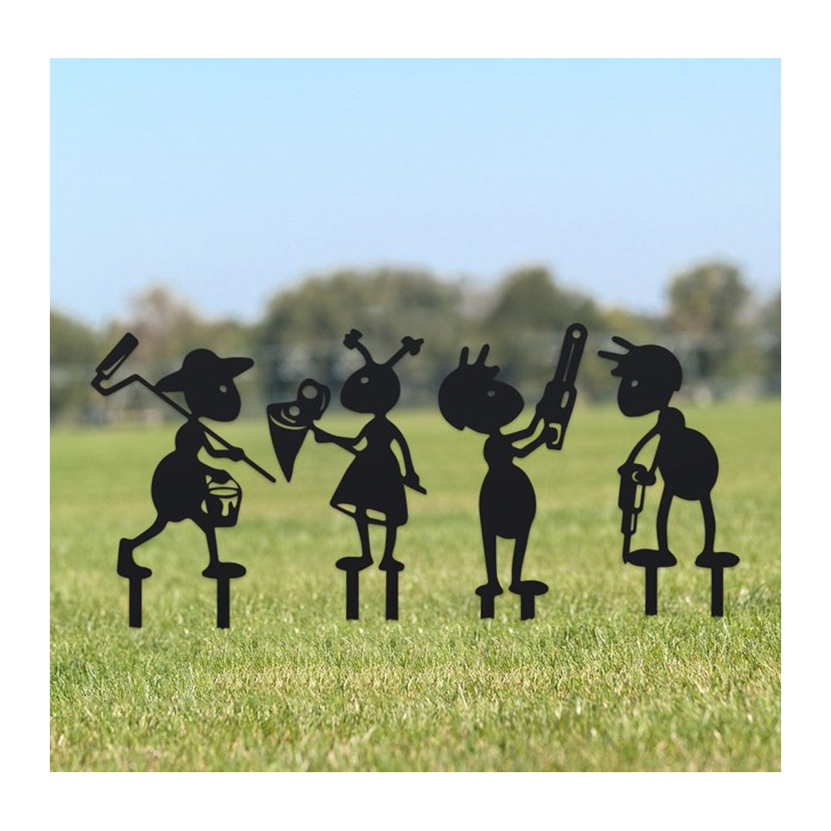 Vierteiliges Ameisen-Metall-Gartenpfahl-Set in Schwarz als dekorative Metallskulptur für deinen Garten und Rasen - Bild 1