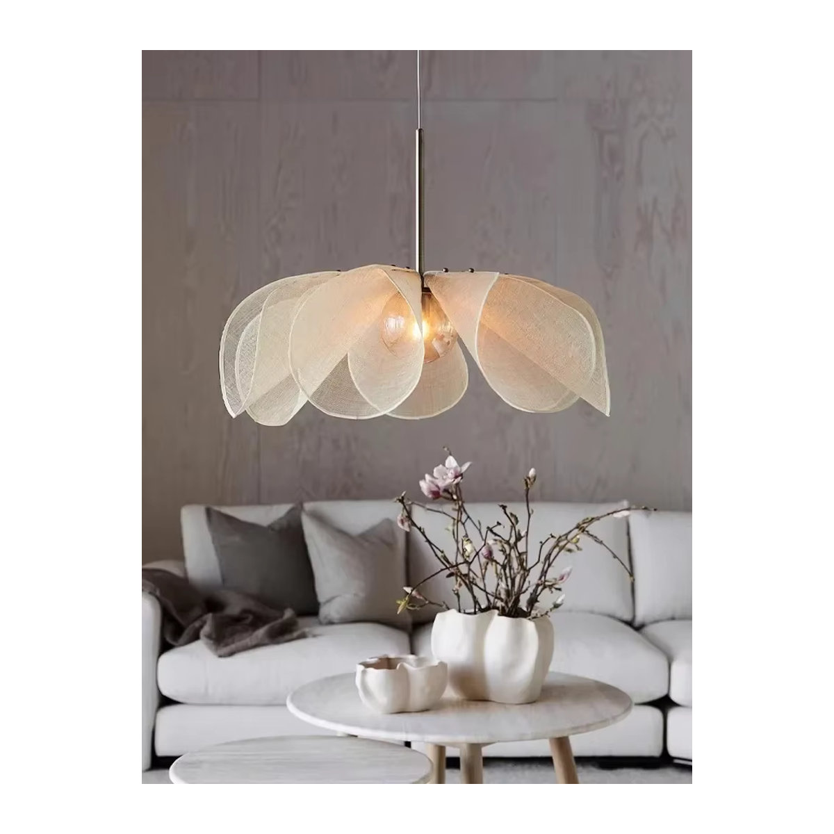 VIGOUS Nordic LED Stoff Kronleuchter in Beige mit Blumen-Design für Wohnzimmer und Schlafzimmer - Bild 2