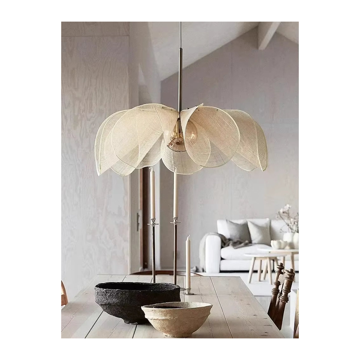VIGOUS Nordic LED Stoff Kronleuchter in Beige mit Blumen-Design für Wohnzimmer und Schlafzimmer - Bild 3